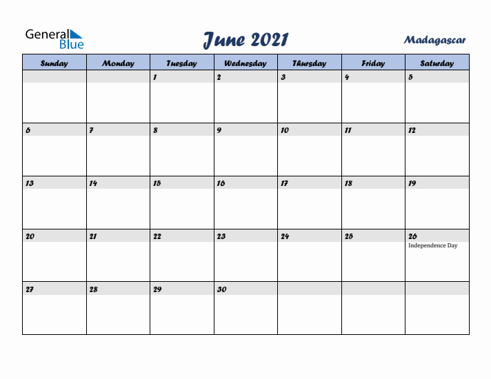 June 2021 Calendar with Holidays in Madagascar