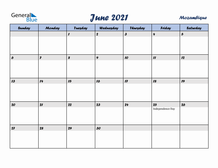 June 2021 Calendar with Holidays in Mozambique