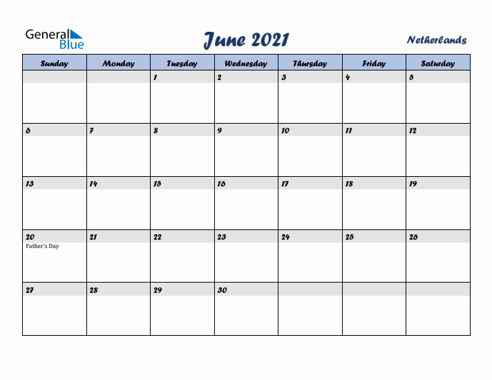 June 2021 Calendar with Holidays in The Netherlands