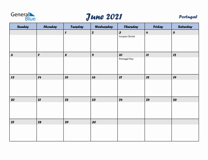 June 2021 Calendar with Holidays in Portugal