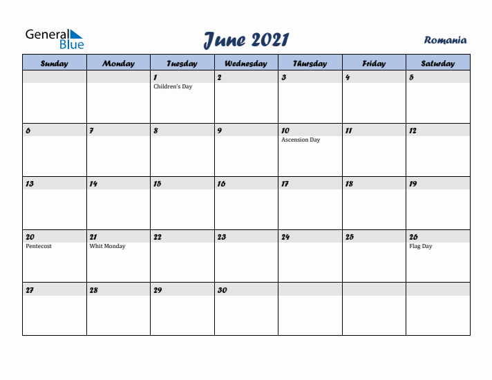 June 2021 Calendar with Holidays in Romania