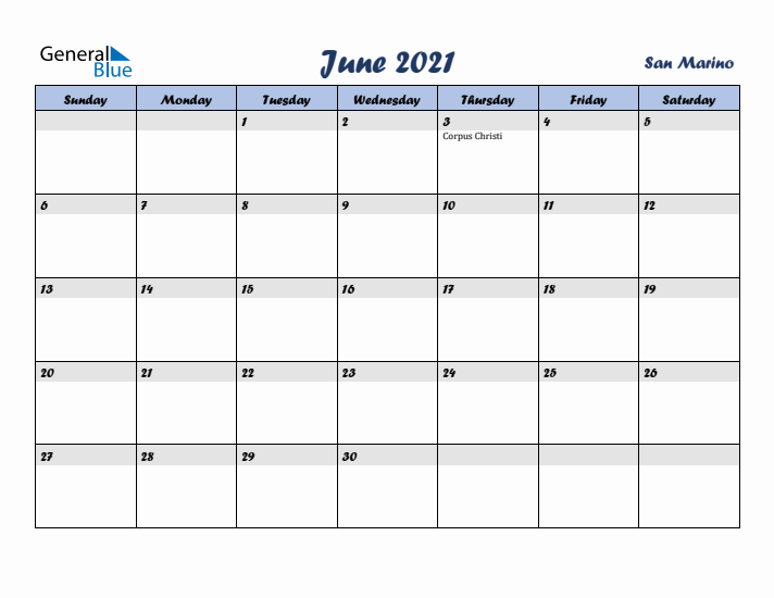 June 2021 Calendar with Holidays in San Marino