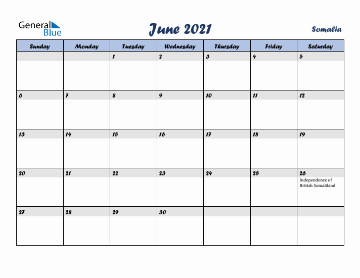 June 2021 Calendar with Holidays in Somalia
