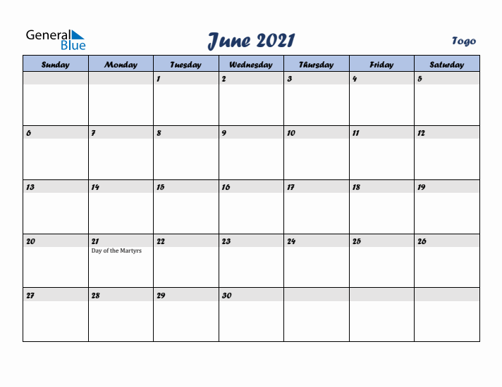 June 2021 Calendar with Holidays in Togo