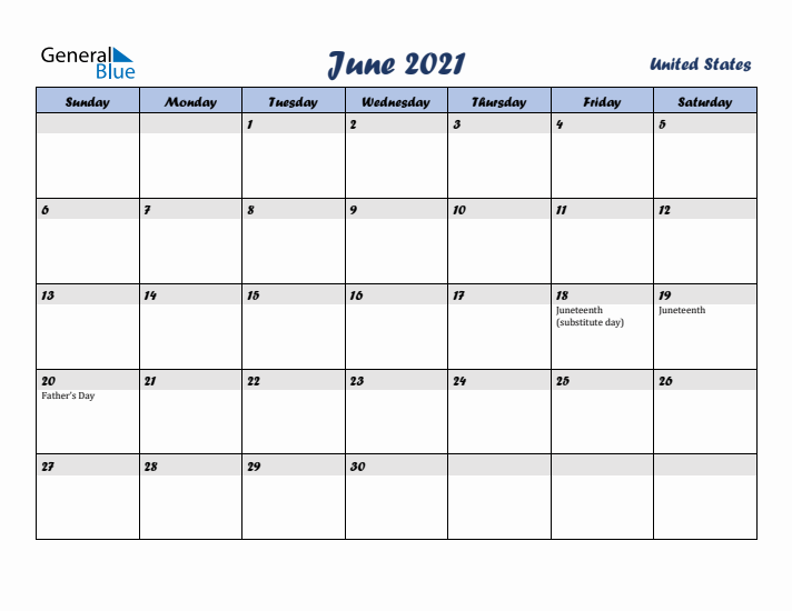 June 2021 Calendar with Holidays in United States