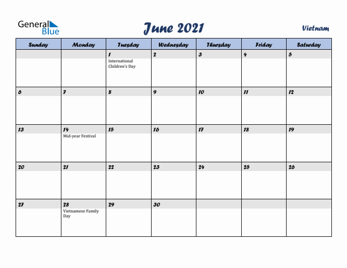 June 2021 Calendar with Holidays in Vietnam