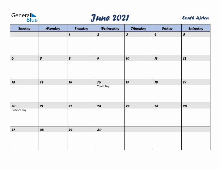 June 2021 Calendar with Holidays in South Africa