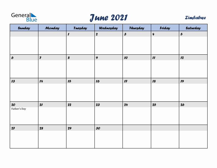 June 2021 Calendar with Holidays in Zimbabwe