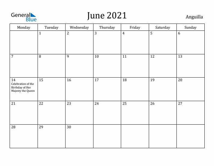 June 2021 Calendar Anguilla