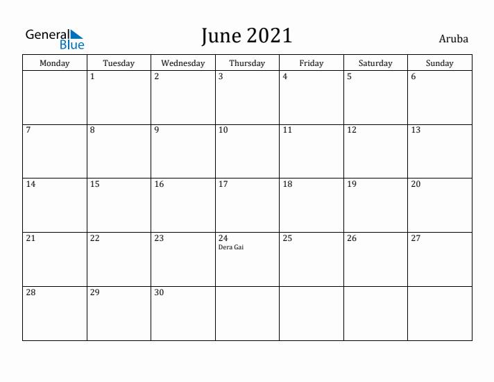 June 2021 Calendar Aruba