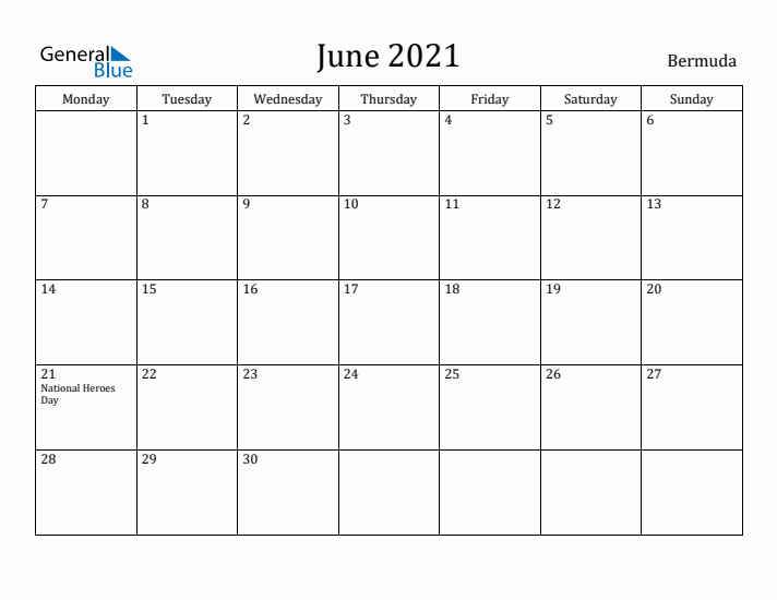June 2021 Calendar Bermuda