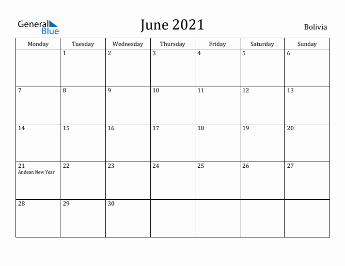 June 2021 Calendar Bolivia