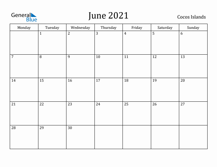 June 2021 Calendar Cocos Islands