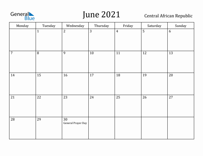 June 2021 Calendar Central African Republic