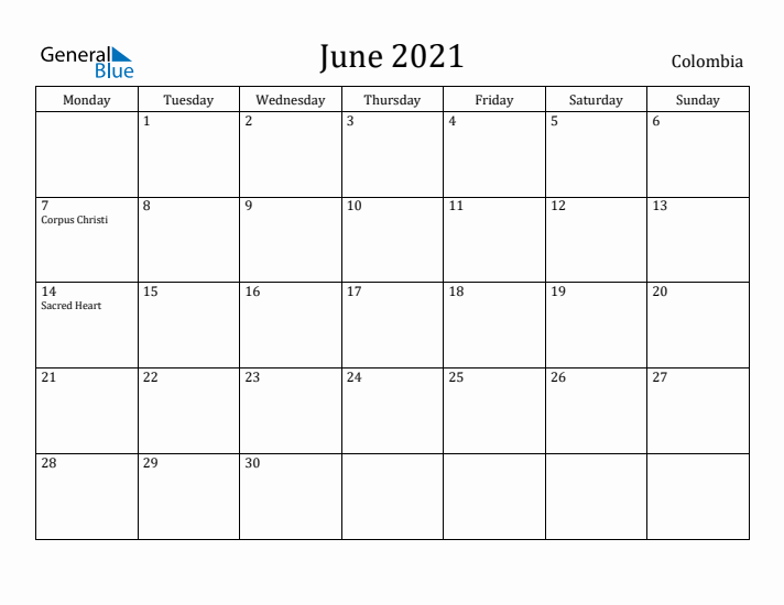 June 2021 Calendar Colombia