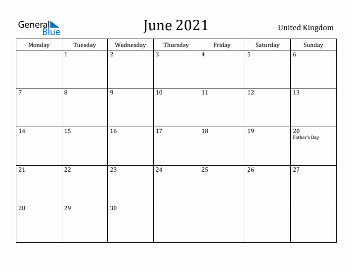 June 2021 Calendar United Kingdom