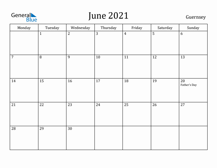 June 2021 Calendar Guernsey