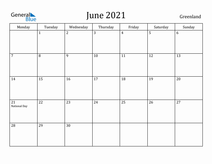 June 2021 Calendar Greenland