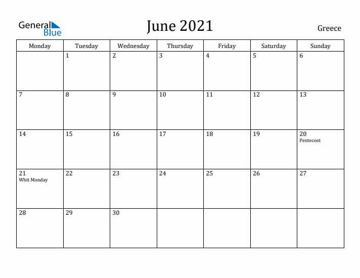 June 2021 Calendar Greece