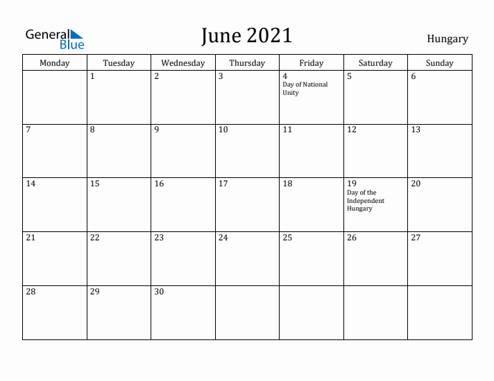 June 2021 Calendar Hungary