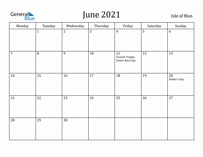 June 2021 Calendar Isle of Man