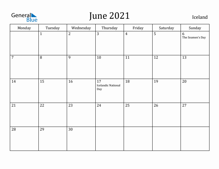 June 2021 Calendar Iceland