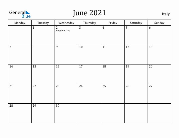June 2021 Calendar Italy