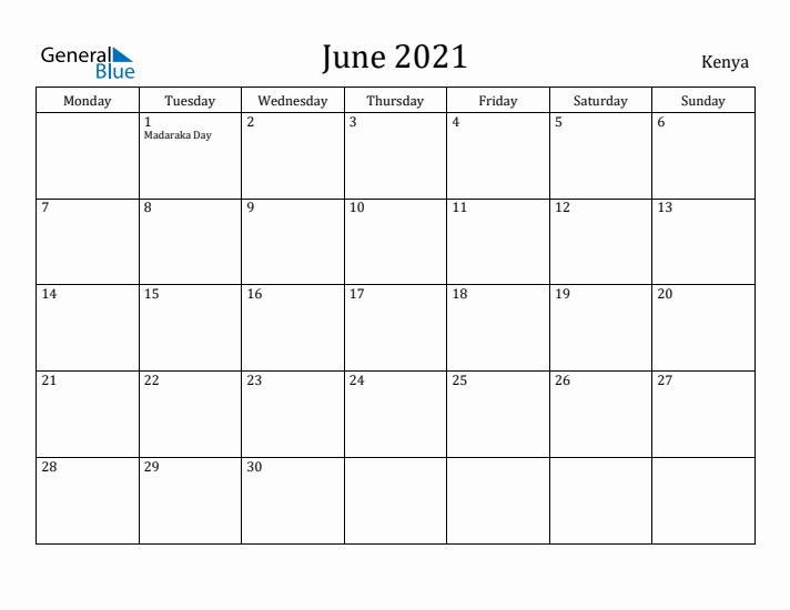 June 2021 Calendar Kenya