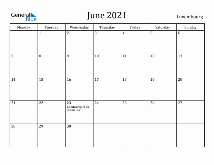 June 2021 Calendar Luxembourg