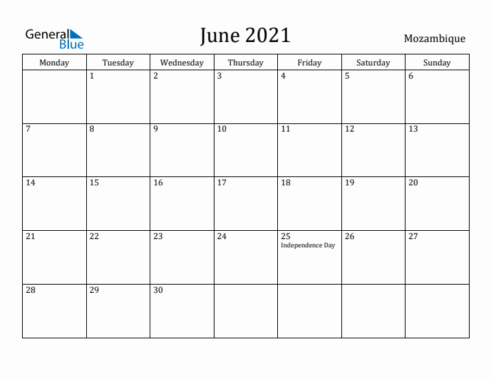 June 2021 Calendar Mozambique