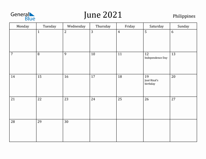 June 2021 Calendar Philippines