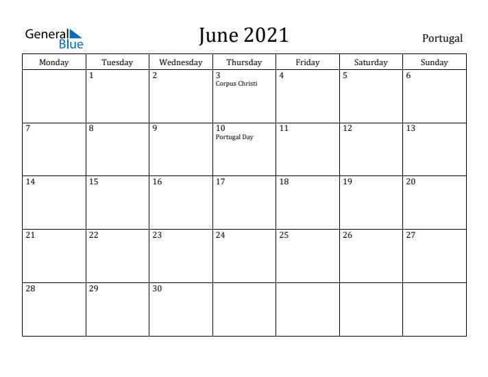 June 2021 Calendar Portugal