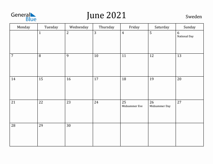 June 2021 Calendar Sweden