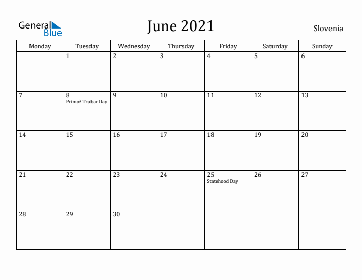 June 2021 Calendar Slovenia