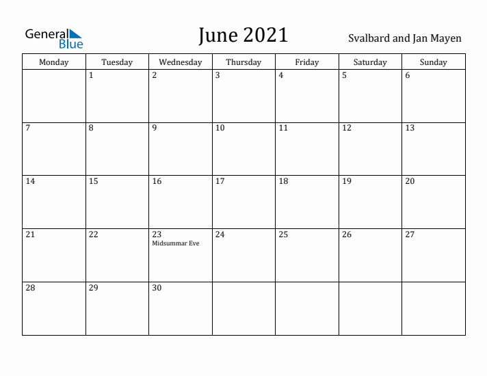 June 2021 Calendar Svalbard and Jan Mayen