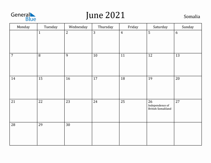 June 2021 Calendar Somalia