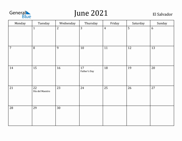 June 2021 Calendar El Salvador