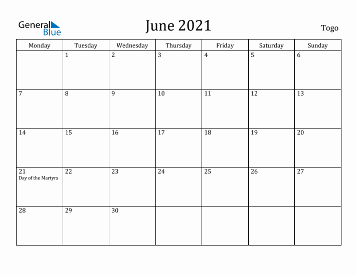 June 2021 Calendar Togo