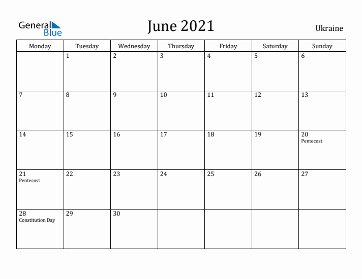 June 2021 Calendar Ukraine
