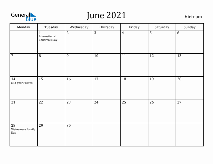 June 2021 Calendar Vietnam