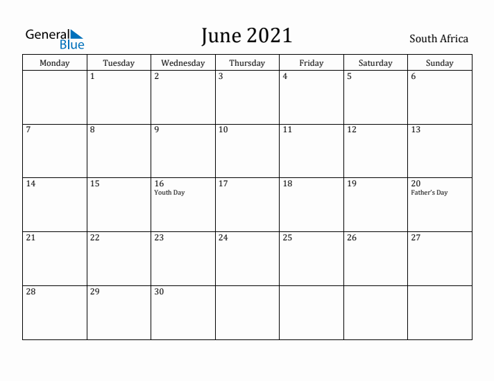 June 2021 Calendar South Africa