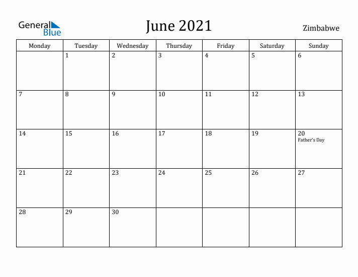 June 2021 Calendar Zimbabwe