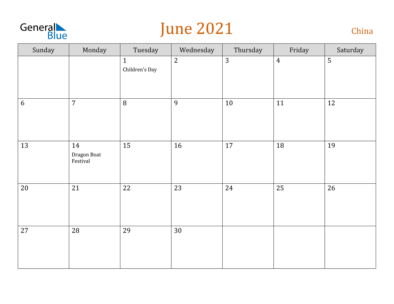 June 2021 Calendar - China