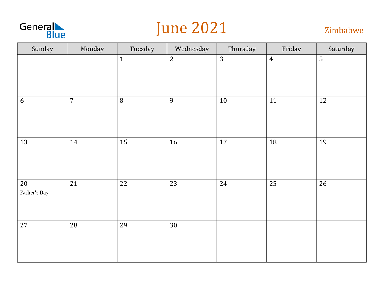 Zimbabwe June 2021 Calendar with Holidays