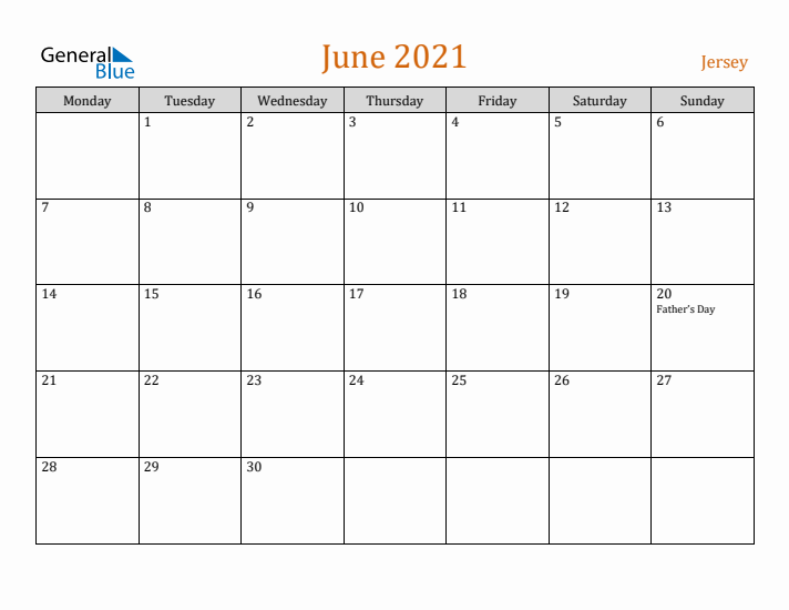 June 2021 Holiday Calendar with Monday Start