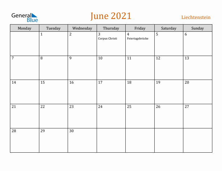 June 2021 Holiday Calendar with Monday Start