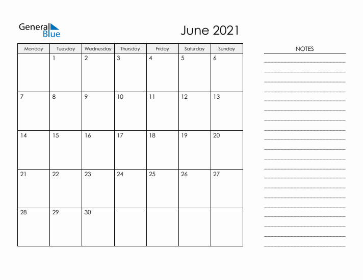 Printable Monthly Calendar with Notes - June 2021