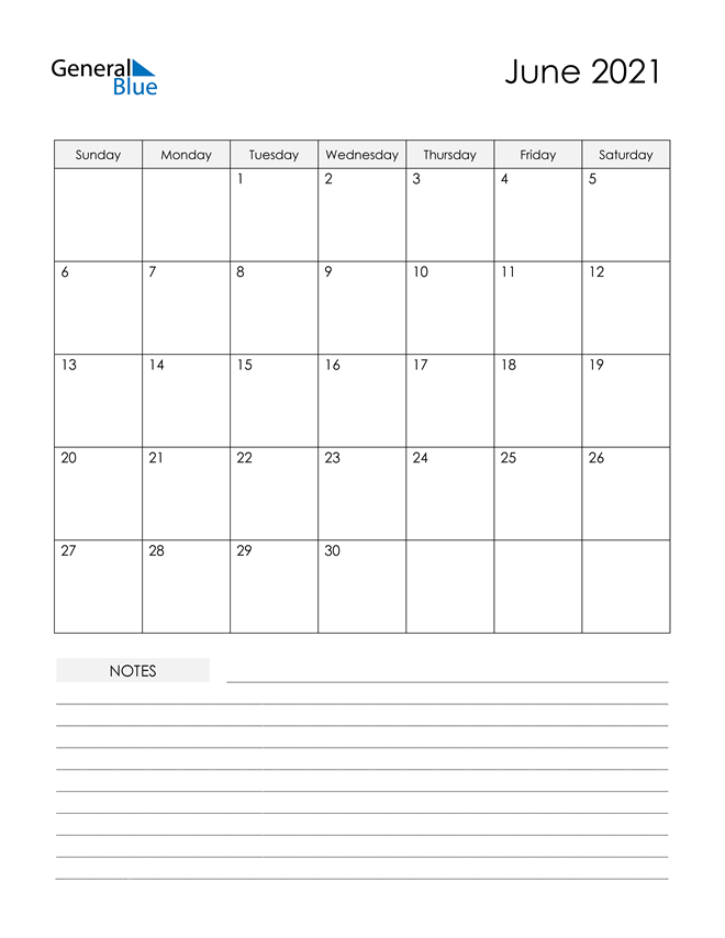  Printable Calendar with Notes - June 2021