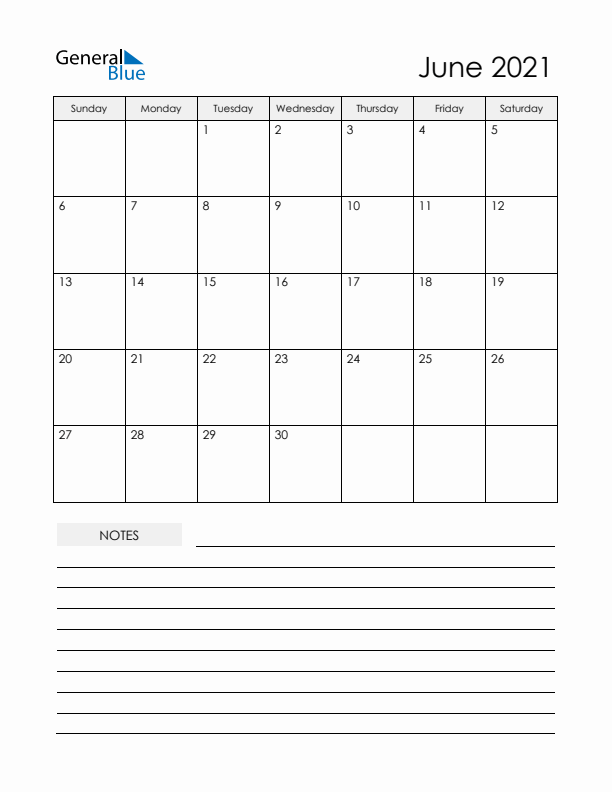 Printable Calendar with Notes - June 2021 