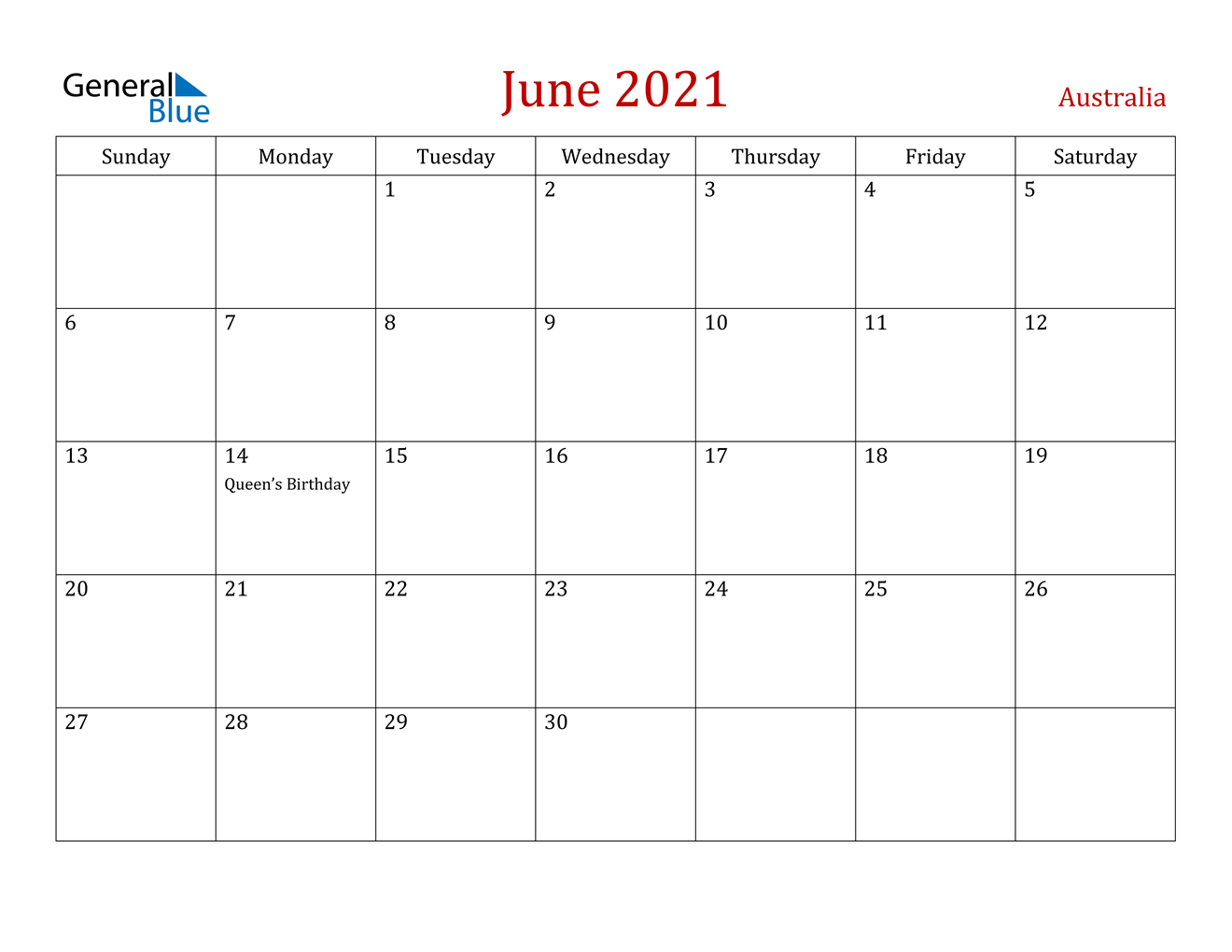 June 2021 Calendar - Australia